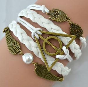 AZ1272 White Owl Wing Deathly Hallows Infinity Layer Leather Bracelet