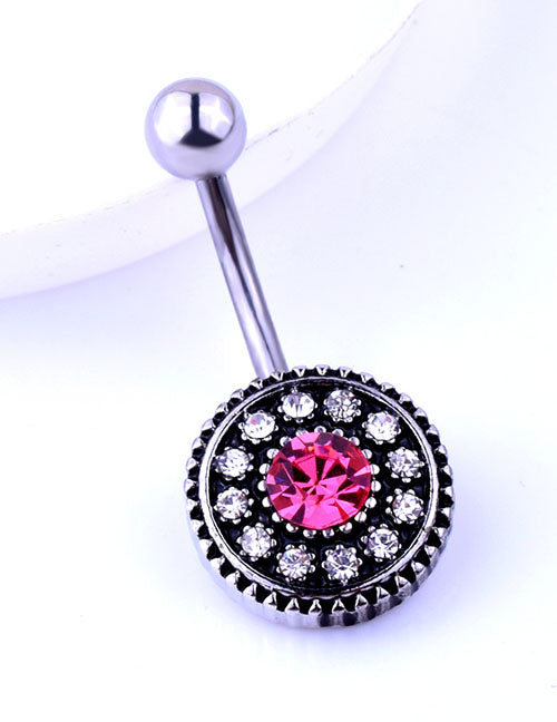 P106 Silver Pink Rhinestone Belly Button Ring - Iris Fashion Jewelry
