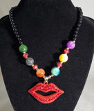 N2168 Multi Color Bead Red Rhinestone Lips Necklace with Free Earrings - Iris Fashion Jewelry