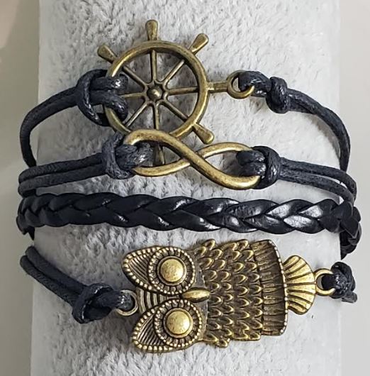 AZ524 Black Owl Ship Wheel Infinity Leather Layer Bracelet