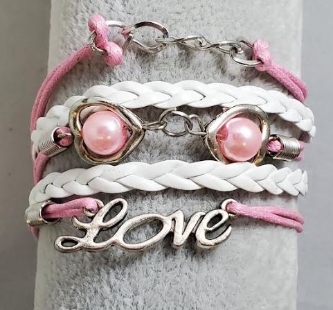 AZ1365 Light Pink & White Pearl Heart Love Infinity Layer Leather Bracelet