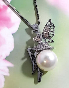 AZ512 Gun Metal Rhinestone Fairy on Pearl Necklace with FREE Earrings