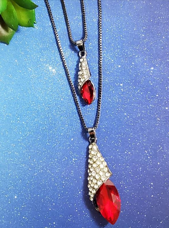 AZ32 Gun Metal Red Gem Rhinestone Necklace with FREE Earrings - Iris Fashion Jewelry