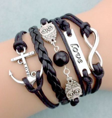 +AZ462 Black Owl Love Anchor Infinity Leather Layer Bracelet