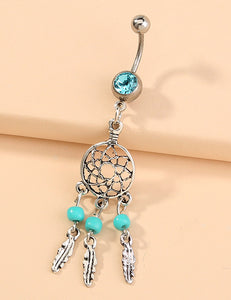 P150 Silver Dream Catcher Turquoise Bead Blue Gem Belly Button Ring - Iris Fashion Jewelry