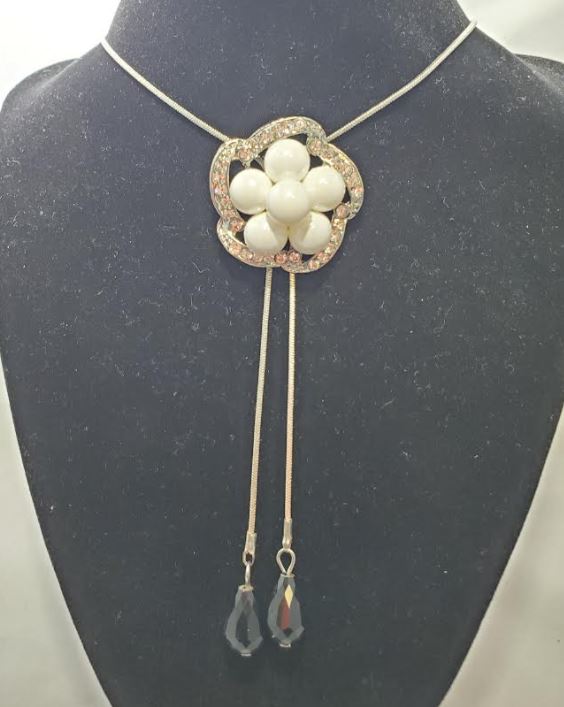 N2098 Silver Rhinestone Pearl Flower Black Gem Adjustable Sweater Necklace with FREE Earrings - Iris Fashion Jewelry