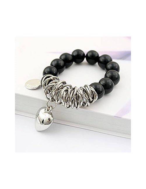 B387 Silver Black Bead Heart Bracelet - Iris Fashion Jewelry