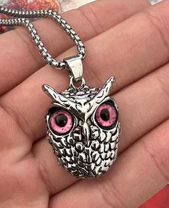 AZ1195 Silver Pink Eye Owl Necklace with FREE Earrings