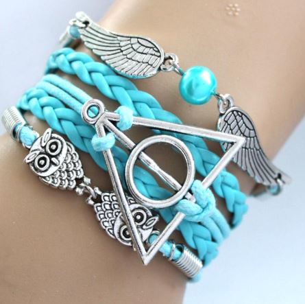 AZ1311 Light Blue Owl Wing Deathly Hallows Infinity Layer Leather Bracelet