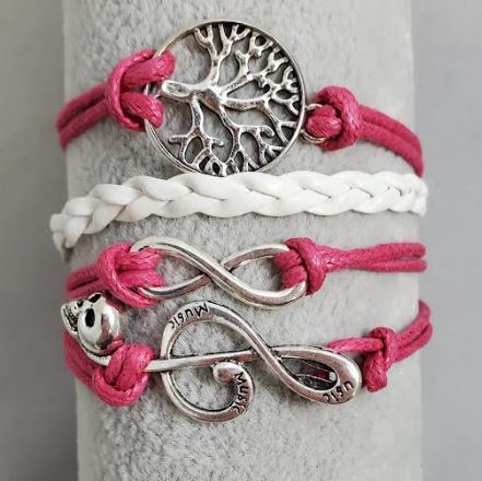 AZ322 Hot Pink & White Tree Music Note Infinity Layer Leather Bracelet
