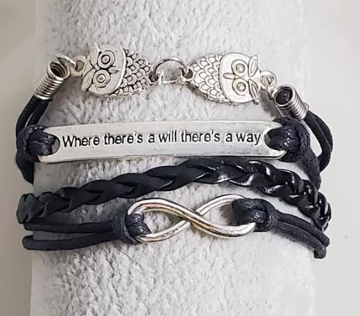 AZ566 Black Owl Where There's a Will There's a Way Infinity Leather Layer Bracelet