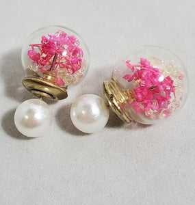 AZ1101 Pink Vine Clear Gem Filled Double Ball Earrings