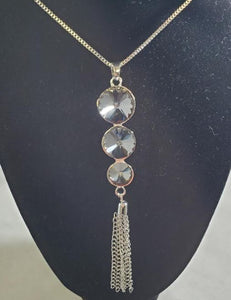 AZ279 Silver Gray Triple Gemstone Tassel Necklace with FREE EARRINGS