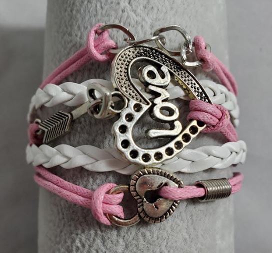 AZ1181 Light Pink & White Love Heart Arrow Lock Infinity Layer Leather Bracelet
