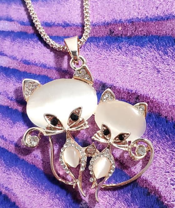 AZ491 Rose Gold Moonstone Kitty Cat Necklace with FREE Earrings