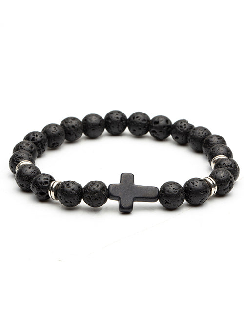 B1287 Black Lava Stone Bead Cross Bracelet - Iris Fashion Jewelry