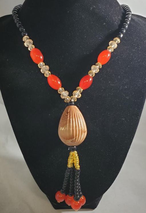 AZ21 Black Bead Beige Glass Long Necklace With Free Earrings - Iris Fashion Jewelry