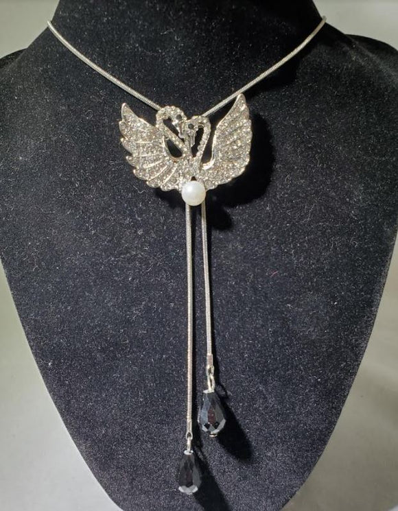 N2099 Silver Rhinestone Swan Black Gem Adjustable Sweater Necklace with FREE Earrings - Iris Fashion Jewelry