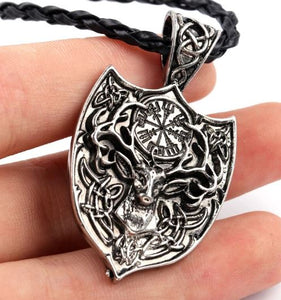 AZ453 Silver Deer Shield on Braided Leather Cord Necklace