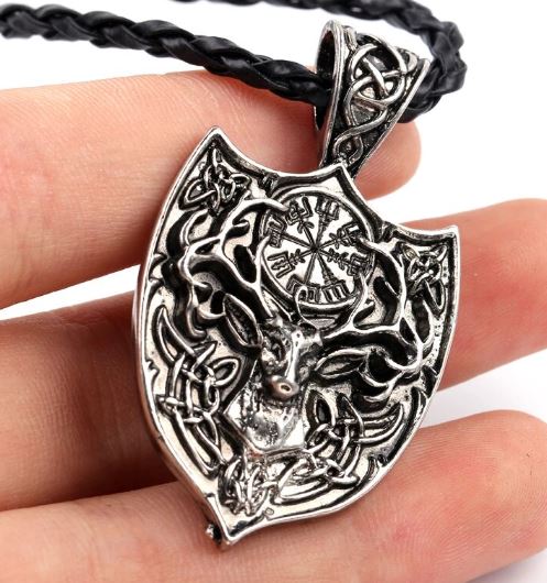 AZ453 Silver Deer Shield on Braided Leather Cord Necklace
