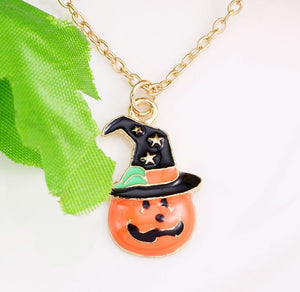 AZ614 Gold Pumpkin in Witch Hat Necklace with FREE EARRINGS