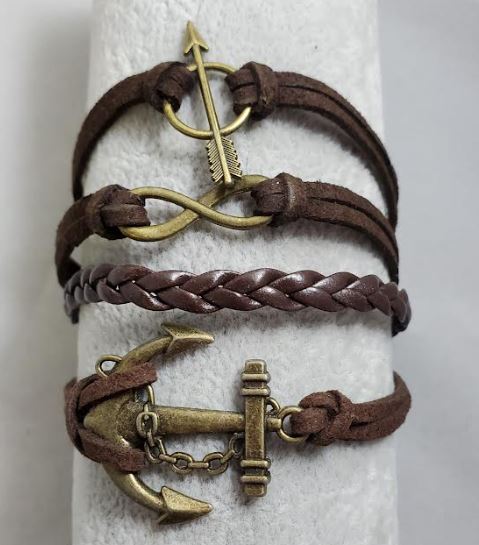 AZ1497 Brown Arrow Anchor Infinity Layer Leather Bracelet