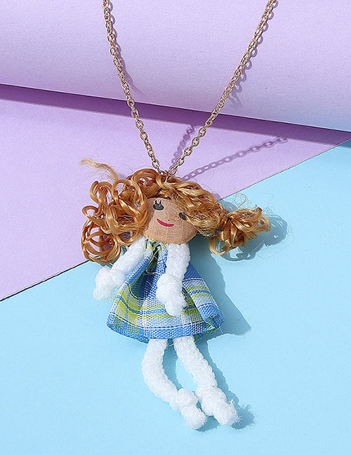 L247 Gold Blue Dress Doll Necklace FREE EARRINGS - Iris Fashion Jewelry