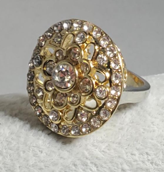 R672 Silver & Gold Round Rhinestone Decorated Ring - Iris Fashion Jewelry