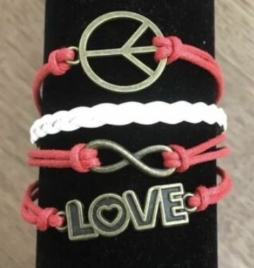 AZ1322 Red & White Love Peace Sign Infinity Layer Leather Bracelet