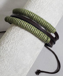 B386 Army Green Cord Brown Leather Pull Cord Bracelet