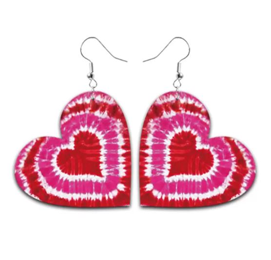 E1359 Silver Pink/Red Tye Dye Heart Leather Earrings - Iris Fashion Jewelry