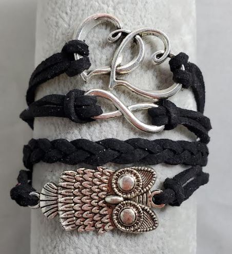 AZ1460 Black Heart Owl Infinity Layer Leather Bracelet