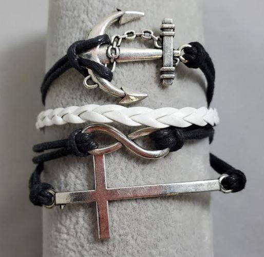 AZ1049 Black & White Cross Anchor Infinity Layer Leather Bracelet