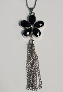 AZ264 Silver Black Gemstone Flower Tassel Necklace with FREE Earrings