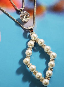 AZ752 Silver Rhinestone Pearl Diamond Shape Necklace with FREE Earrings