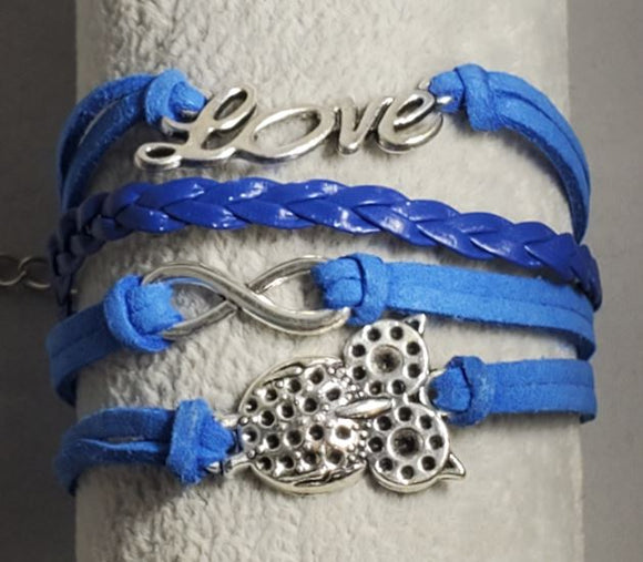 B508 Blue Owl Love Infinity Leather Layer Bracelet