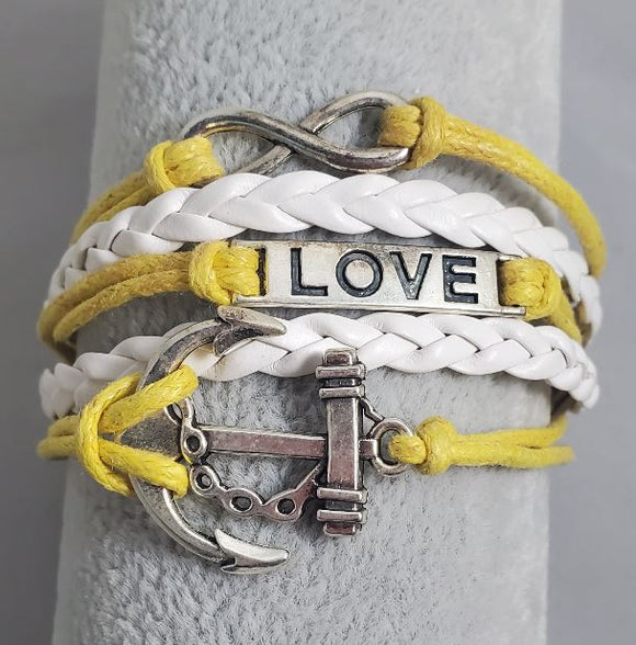 AZ410 Yellow & White Love Anchor Infinity Leather Layer Bracelet