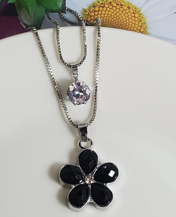 N322 Silver Black Gemstone Flower Necklace with FREE Earrings