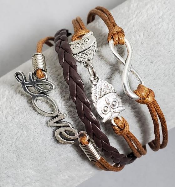 B947 Brown Owl Love Infinity Leather Layer Bracelet - Iris Fashion Jewelry