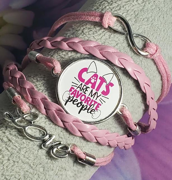 B1264 Light Pink Cats Are My Favorite People Layer Leather Bracelet - Iris Fashion Jewelry