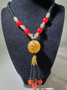 N2112 Red Bead Decorated Glass Long Necklace With Free Earrings - Iris Fashion Jewelry