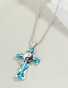 N2103 Silver Blue Cross Yin Yang Necklace - Iris Fashion Jewelry