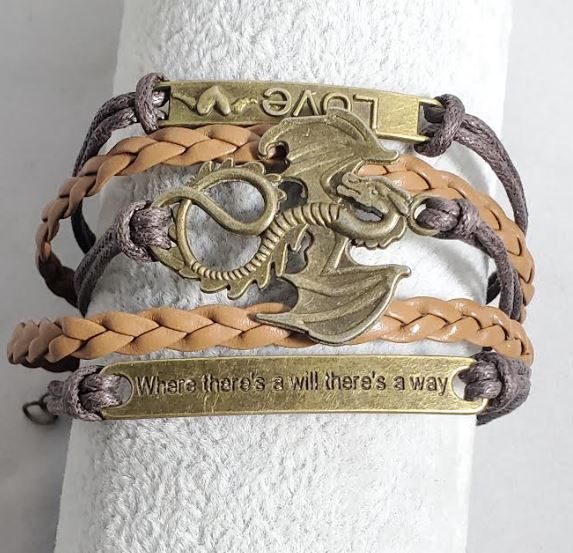 AZ788 Brown Love Dragon Where There's a Will There's a Way Infinity Leather Layer Bracelet