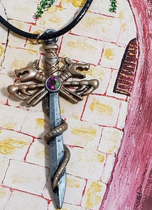 N1820 Silver & Bronze Decorated Sword Iridescent Gem Leather Cord Necklace with FREE EARRINGS