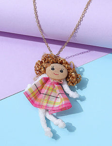 L518 Gold Pink Plaid Dress Doll Necklace FREE EARRINGS - Iris Fashion Jewelry