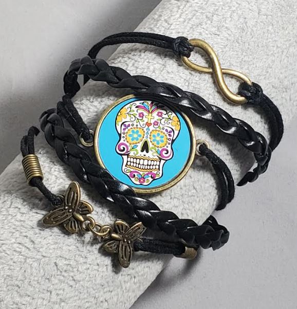 B217 Black Blue Sugar Skull Layer Leather Bracelet - Iris Fashion Jewelry
