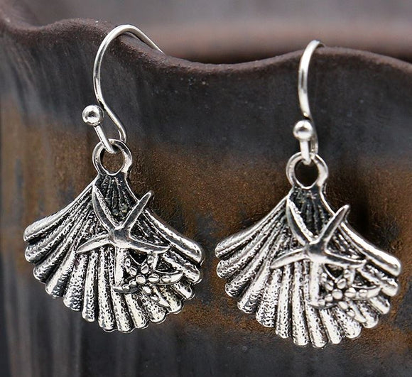E582 Silver Sea Shell & Starfish Earrings