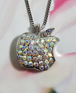 AZ622 Silver Iridescent Rhinestone Apple Necklace with FREE Earrings