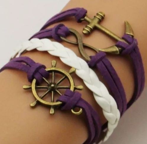 B507 Purple & White Anchor Ship Wheel Infinity Leather Layer Bracelet