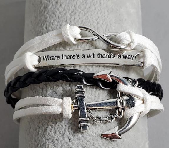 AZ1263 White & Black Where There's A Will There's A Way Anchor Infinity Layer Leather Bracelet